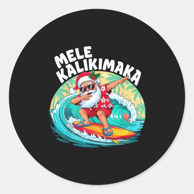 Pegatina Redonda Mele Kalikimaka Hawaiian Christmas Santa Surfing B (Anverso)