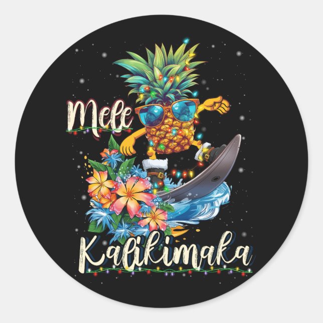 Pegatina Redonda Mele Kalikimaka Hawaiian Pineapple Surfing Ridding (Anverso)