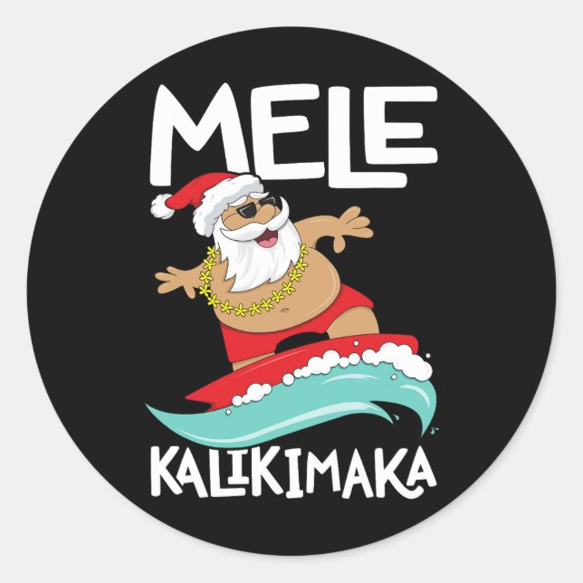 Pegatina Redonda Mele Kalikimaka Navidades Hawaii Surfing (Anverso)