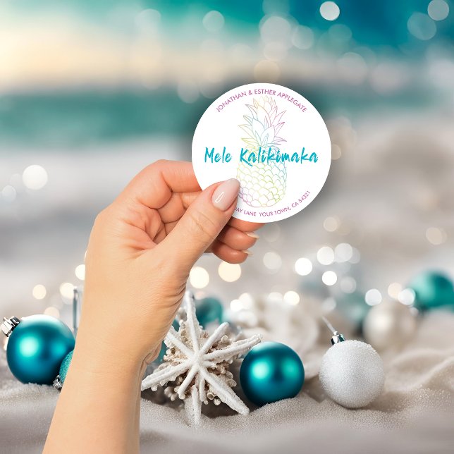 Pegatina Redonda Mele Kalikimaka Navidades Piña Tropical (Mele Kalikimaka Christmas Pineapple Tropical Classic Round Sticker)