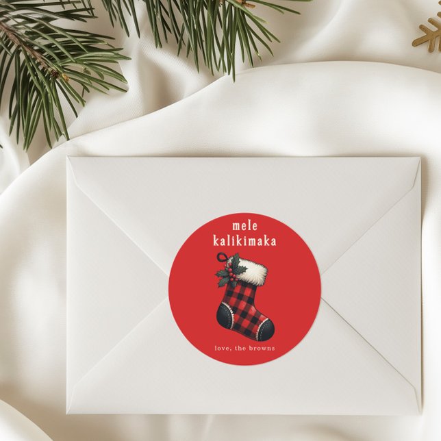 Pegatina Redonda Mele Kalikimaka Red & Black Plaid Stocking Holiday (Subido por el creador)
