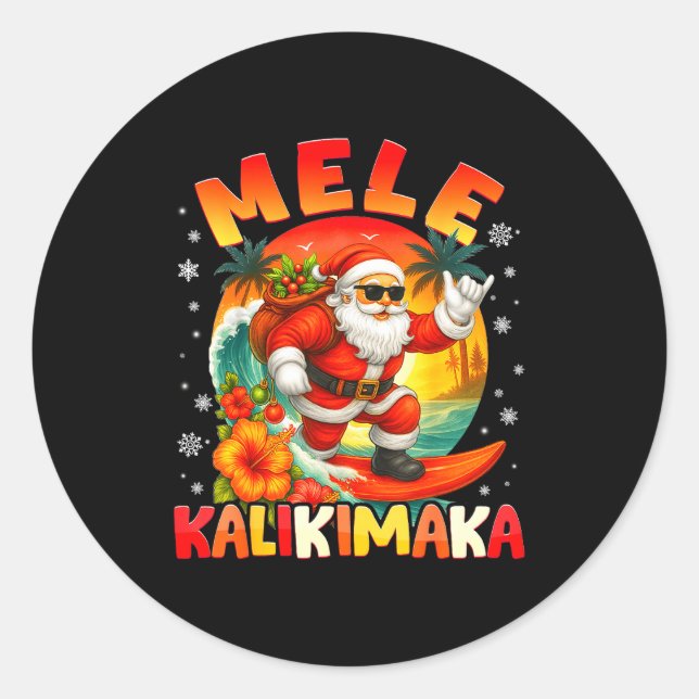 Pegatina Redonda Mele Kalikimaka Santa Rock On Hawaii Christmas Xma (Anverso)