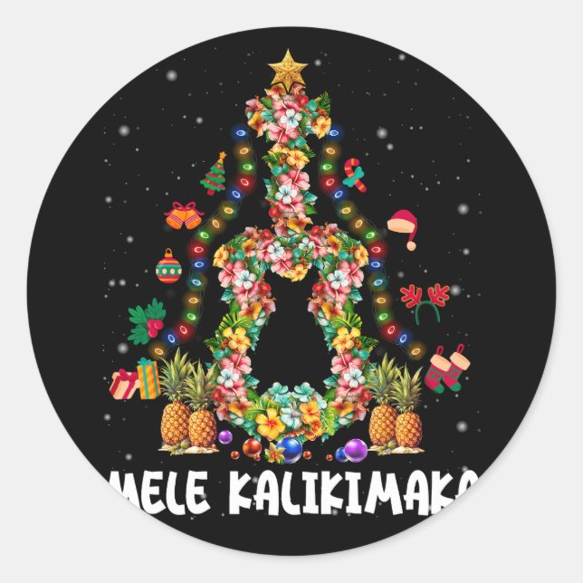 Pegatina Redonda Mele Kalikimaka Tro, Árbol de Navidad floral hawai (Anverso)