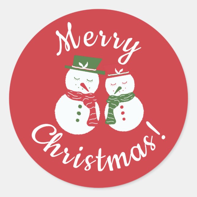 Pegatina Redonda Mellow Snowmen - Xmas red and green custom no rim. (Anverso)
