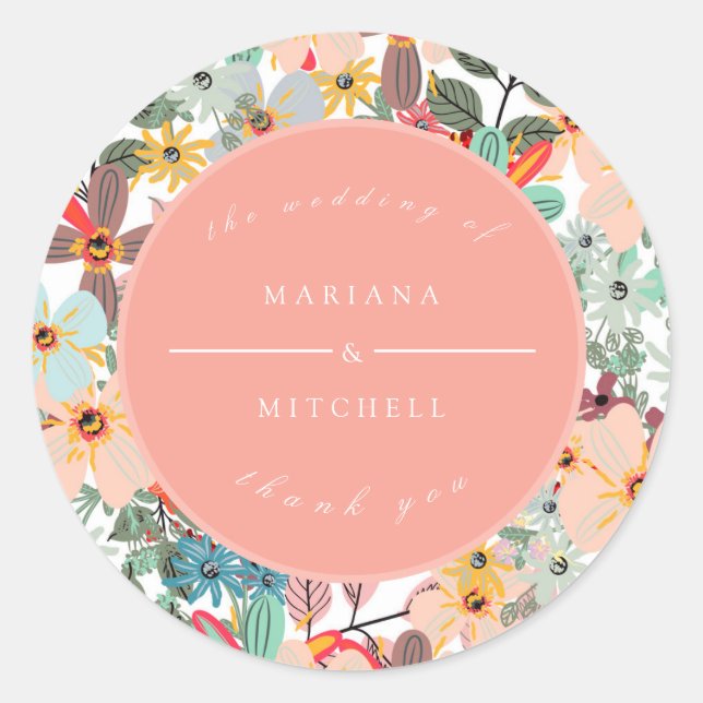 Pegatina Redonda Melocotón verde rosa suave y floral romántico (Anverso)