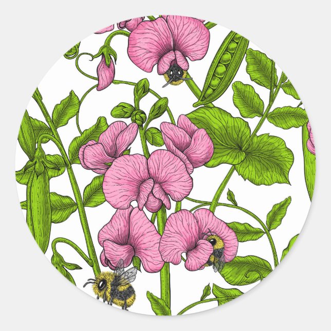 Pegatina Redonda Melocotones y abejorros, rosa, verde y blanco (Anverso)