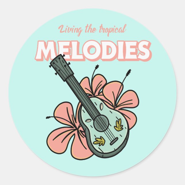 Pegatina Redonda Melodías Tropicales Ukulele Arte Floral (Anverso)
