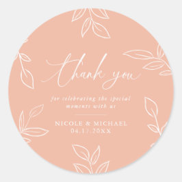 Pegatina Redonda Melon Pink Elegant Leaves Boda Gracias