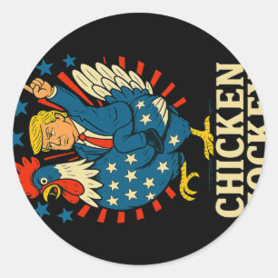 Pegatina Redonda Meme 1 divertido de Jockey sobre pollo Trump