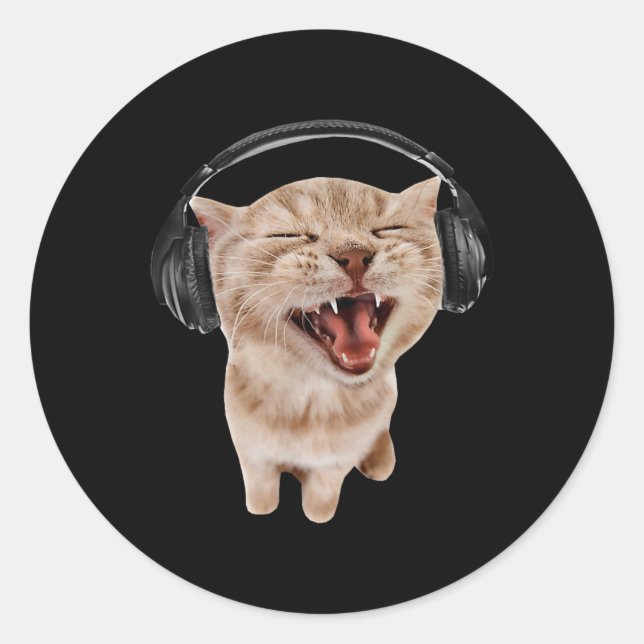 Pegatina Redonda Meme de gato con audífonos (Anverso)