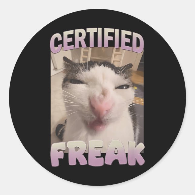 Pegatina Redonda Meme de meme de gato Freak certificado Memes ofens (Anverso)
