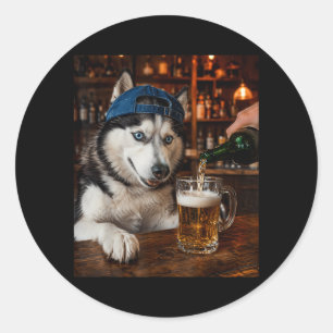 Pegatina Redonda Meme de perro divertido Husky siberiano bebiendo c