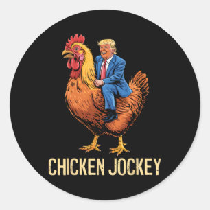 Pegatina Redonda Meme divertido 5 sobre el jockey sobre pollo Trump