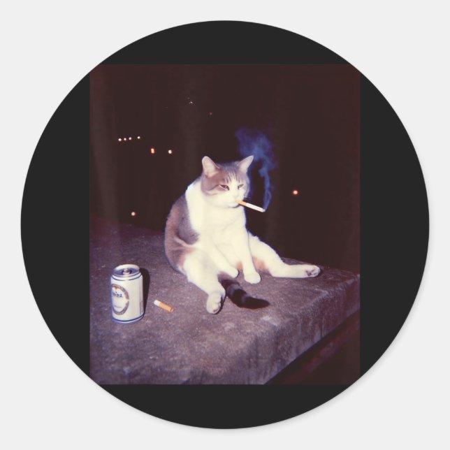 Pegatina Redonda Meme divertido Cigarette Kitten Brainrot Silly (Anverso)