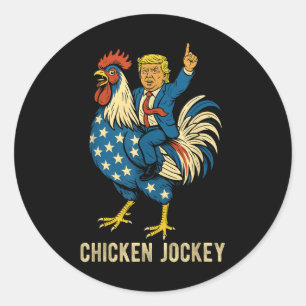 Pegatina Redonda Meme divertido de Jockey sobre pollo Trump