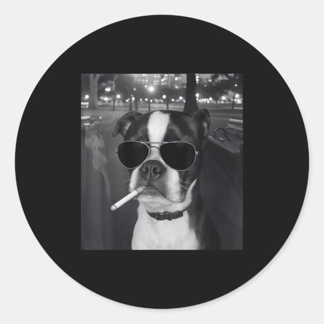 Pegatina Redonda Meme Divertido de Perro Fumando Cigarrillo Meme de (Anverso)