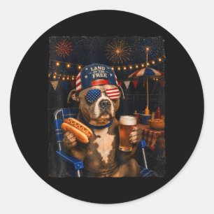 Pegatina Redonda Meme Divertido de Pitbull Bebiendo Cerveza Hotdog