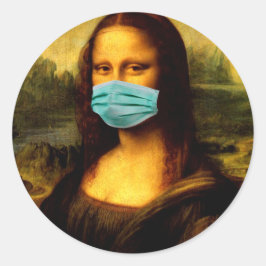 Pegatina Redonda Memes. Gracioso. Mona Lisa en Cuarentena.