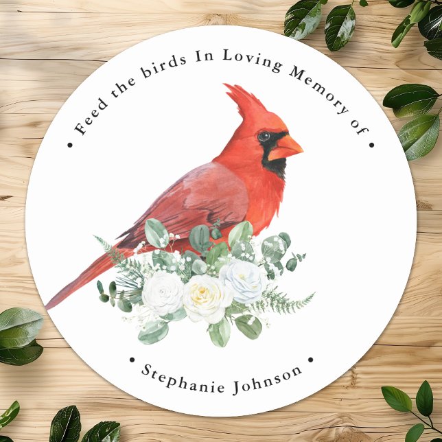Pegatina Redonda Memorial Bird Seed Cardinal Floral Funeral Favor (Subido por el creador)