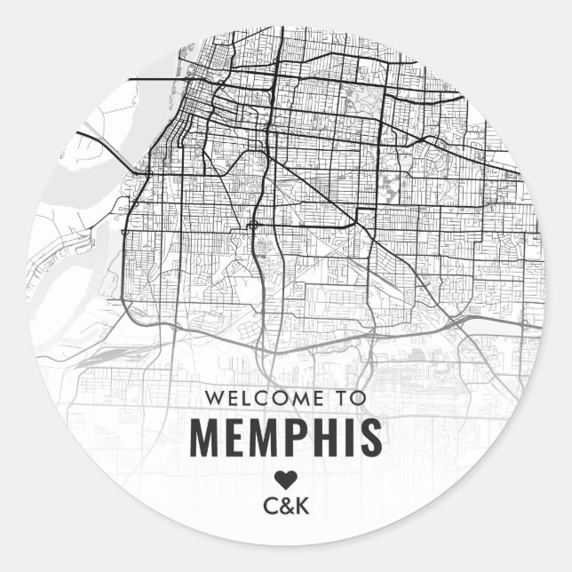 Pegatina Redonda Memphis, mapa de la ciudad de Tennessee | Bienveni (Anverso)