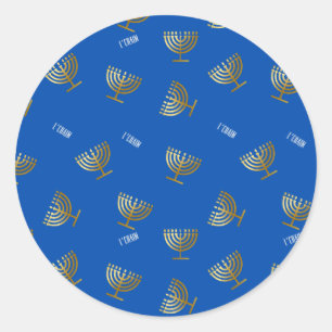 Pegatina Redonda Menorah dorada y azul chaim