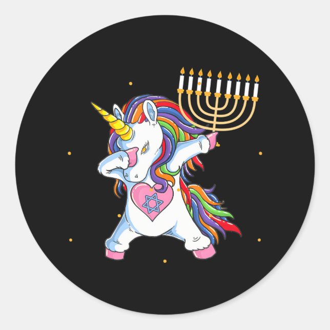 Pegatina Redonda Menorah Unicorn Jewnicorn Hanukkah Pajamas (Anverso)