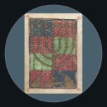 Pegatina Redonda Menorah vintage, Festival de las Luces Feliz Hanuk<br><div class="desc">Imagen de la Iglesia Judaica de ilustracion Vintage con una Menorah antigua con velas. ¡Feliz Hanukkah Chanukah,  Chanukkah o Chanuka! El Festival de las Luces y la Fiesta de la Dedicación es una festividad judía de ocho días.</div>