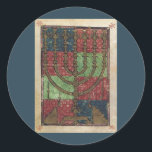 Pegatina Redonda Menorah vintage, Festival de las Luces Feliz Hanuk<br><div class="desc">Imagen de la Iglesia Judaica de ilustracion Vintage con una Menorah antigua con velas. ¡Feliz Hanukkah Chanukah,  Chanukkah o Chanuka! El Festival de las Luces y la Fiesta de la Dedicación es una festividad judía de ocho días.</div>