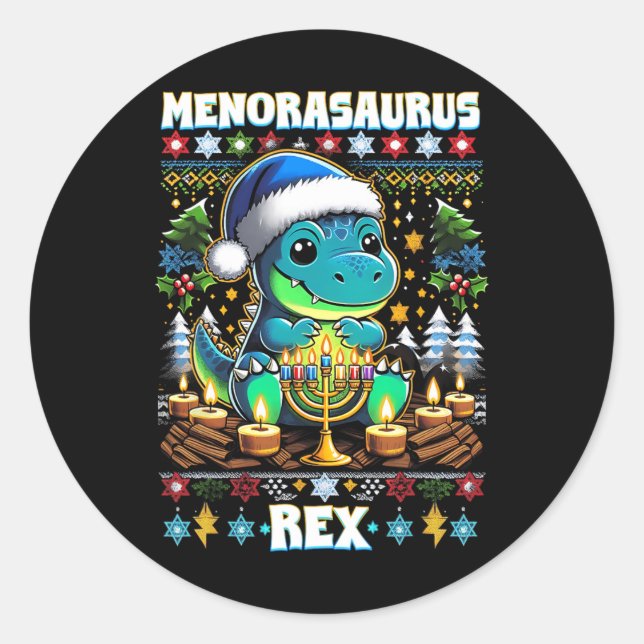 Pegatina Redonda Menorasaurus Rex Dino Trex Suéter Feo de Navidad (Anverso)