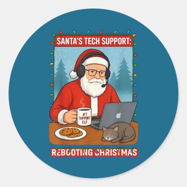 Pegatina Redonda mens Rebooting Santa s Tech Support (Anverso)