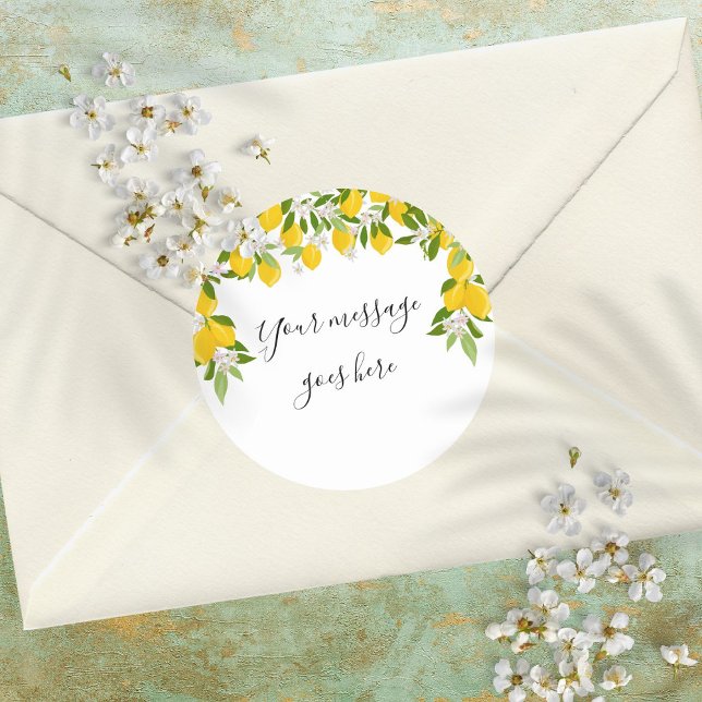 Pegatina Redonda Mensaje de guión elegante Limones Floración Verdor (Elegant Script Message Lemons Blossom Greenery Classic Round Sticker)
