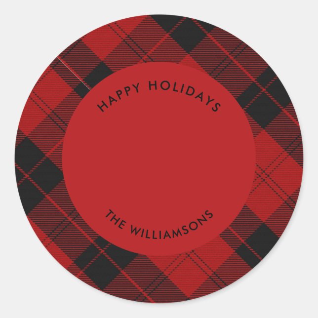 Pegatina Redonda Mensaje de nombre personalizado Tartán negro rojo (Anverso)