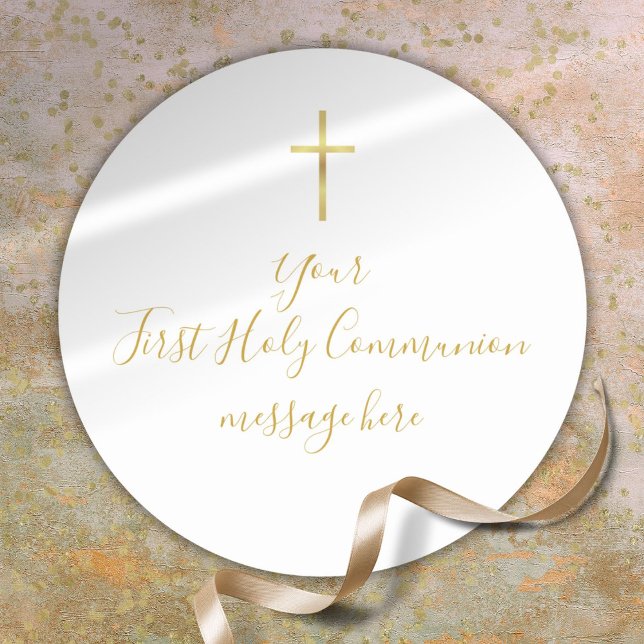 Pegatina Redonda Mensaje de Primera Comunión Simple Cruz de Oro (Simple Gold Cross First Holy Communion Message Classic Round Sticker)