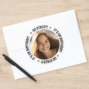 Pegatina Redonda Mensaje de texto personalizado y foto blanca perso