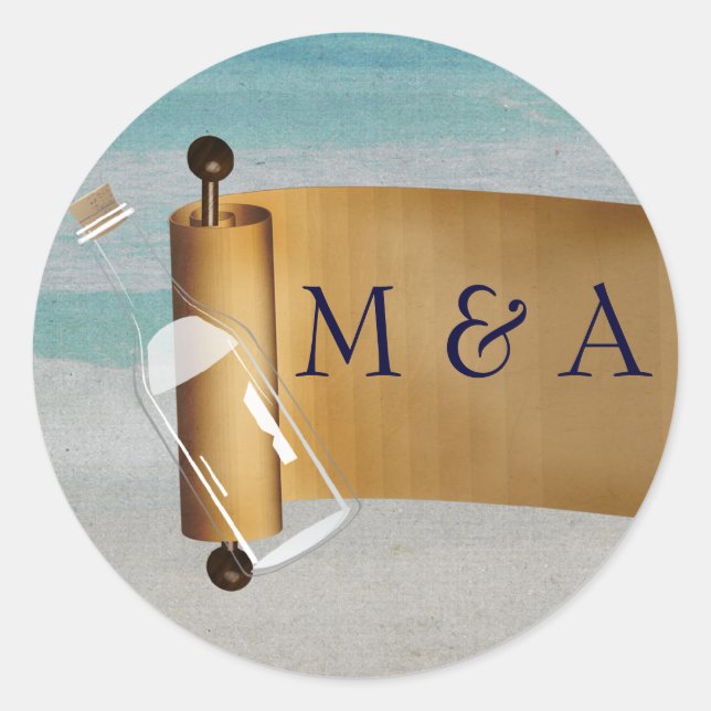 Pegatina Redonda Mensaje en una botella Boda de playa (Anverso)