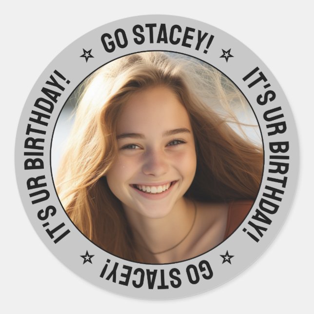 Pegatina Redonda Mensaje, nombre y foto de cumpleaños personalizado (Anverso)