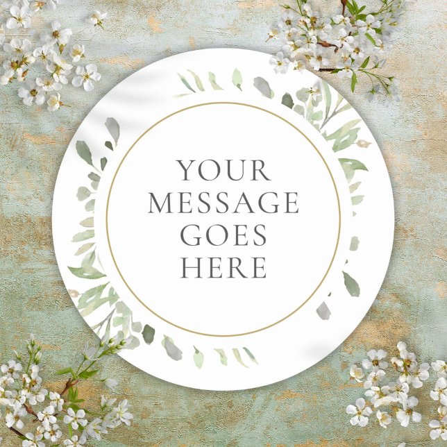 Pegatina Redonda Mensaje personalizado acuarela deja Boda de verde (Custom Message Watercolor Leaves Greenery Wedding Classic Round Sticker)