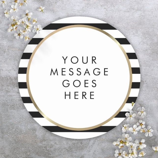Pegatina Redonda Mensaje personalizado de oro de franja blanca y ne (Black and White Stripe Gold Personalized Message Classic Round Sticker)