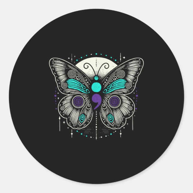 Pegatina Redonda Mental Health Suicide Awareness Semicolon Butterfl (Anverso)