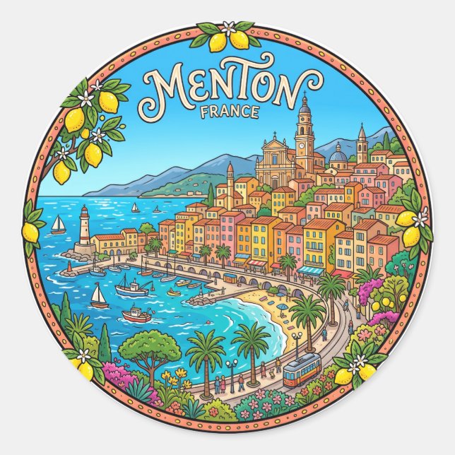 Pegatina Redonda Menton Francia (Anverso)