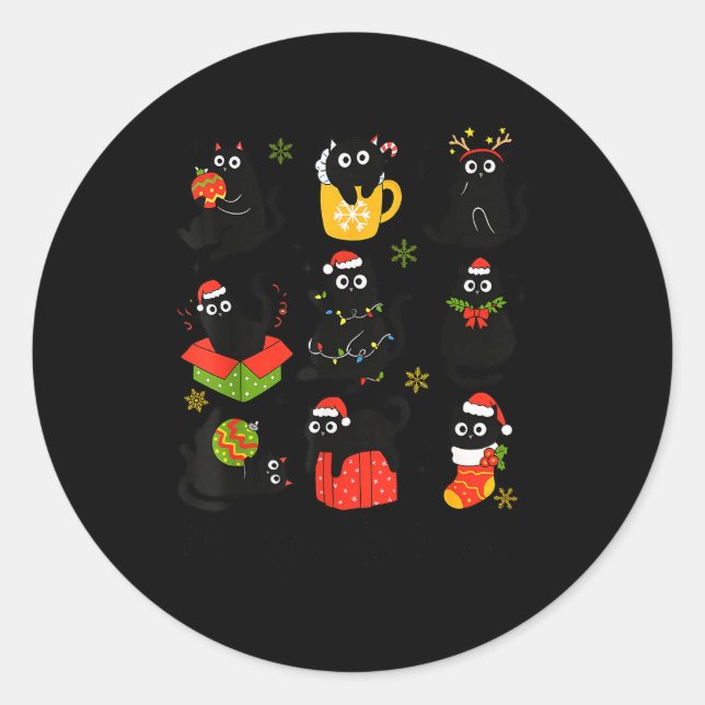 Pegatina Redonda Meow Christmas Xmas Lights Black Cat Pajamas Famil (Anverso)