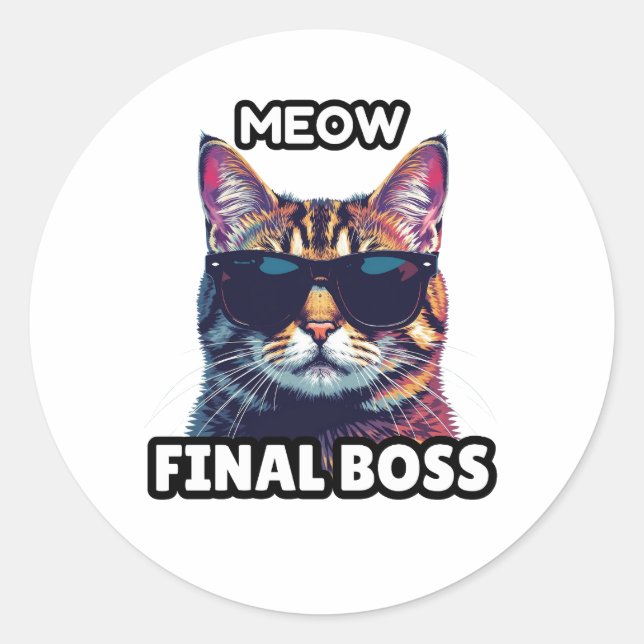 Pegatina Redonda Meow Final Boss Cool Cat Sticker (Anverso)