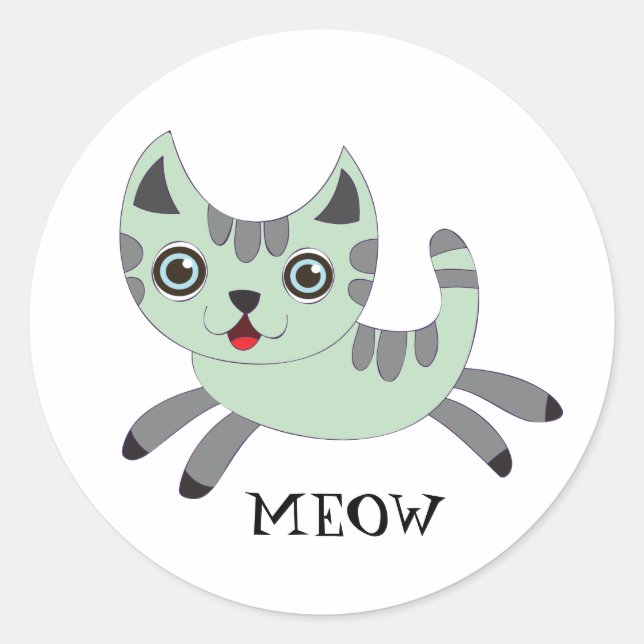 Pegatina Redonda MEOW: Gato verde corriendo (Anverso)