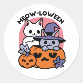Pegatina Redonda Meow-Loween - Diseño de felinos Halloween
