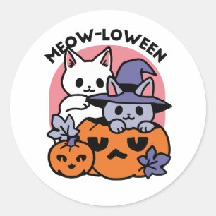 Pegatina Redonda Meow-Loween - Diseño de felinos Halloween
