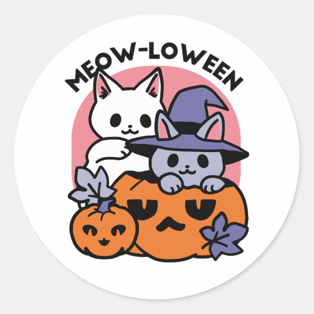 Pegatina Redonda Meow-Loween - Diseño de felinos Halloween (Anverso)