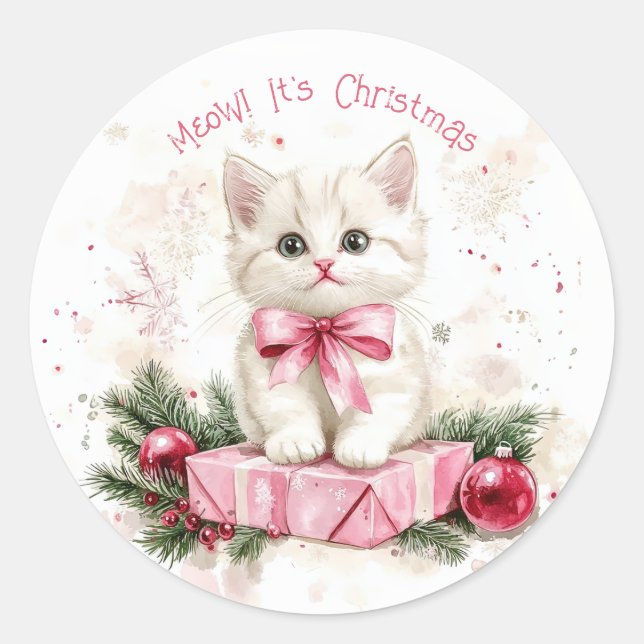 Pegatina Redonda Meow Navidades Kitten Pink (Anverso)