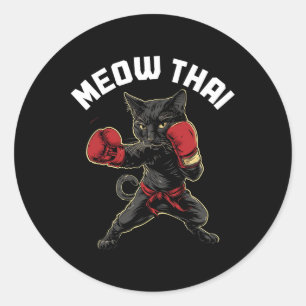 Pegatina Redonda Meow Thai Funny Muay Thai Boicot Cat Artes Marcial