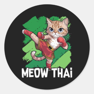 Pegatina Redonda Meow Thai Funny Muay Thai Boicot Cat Artes Marcial