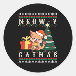 Pegatina Redonda Meow-y Catmas Cat Árbol de Navidad Chicas Niños F